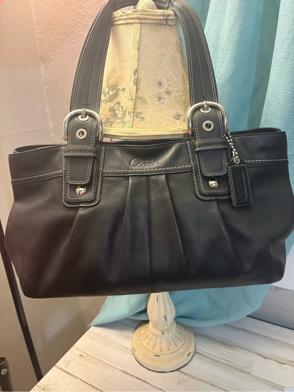Vintage Coach SoHo Pleated Black Leather Sholder Bag Tote F13732